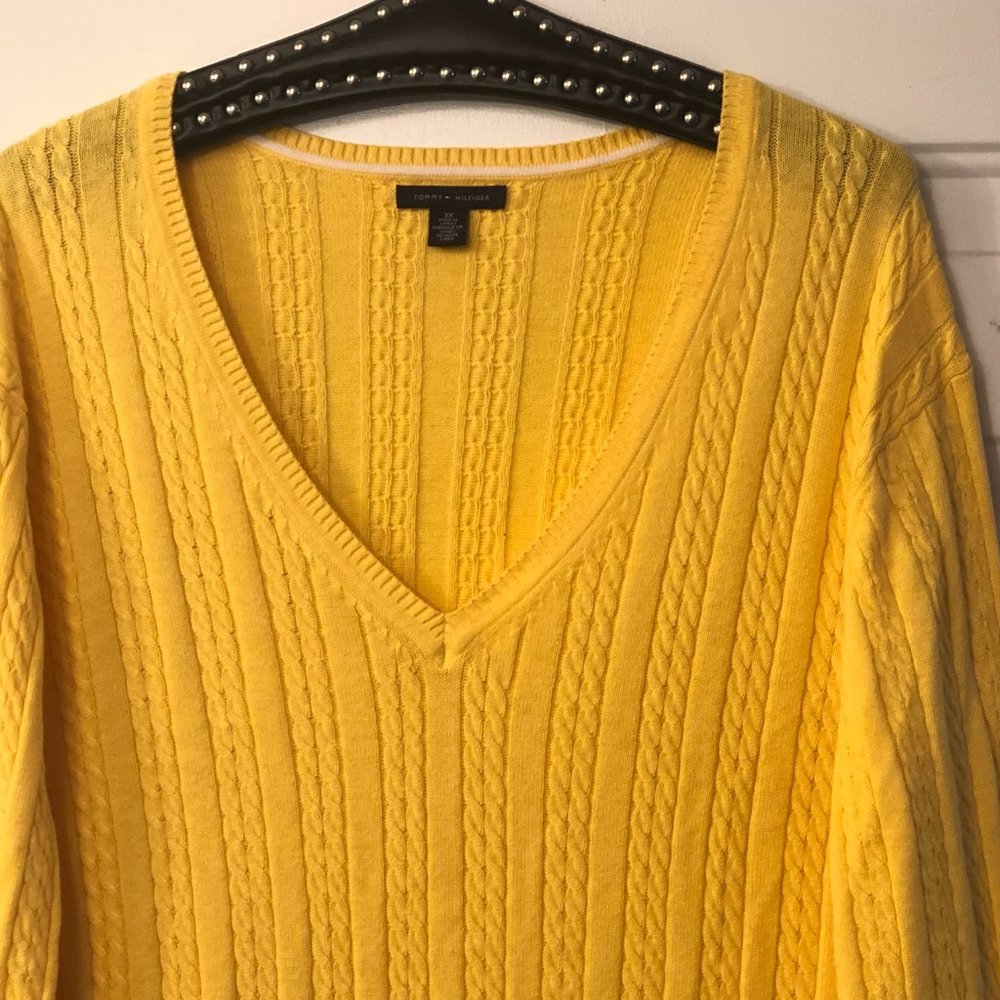 Tommy Hilfiger Sz 3X Women's Sweater Long Sleeve V-Neck Yellow Cable Cotton - Picture 3 of 8